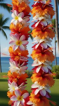 Vibrant Hawaiian leis with hibiscus and plumeria flowers against a tropical beach backdrop, showcasing island culture and natural beauty.