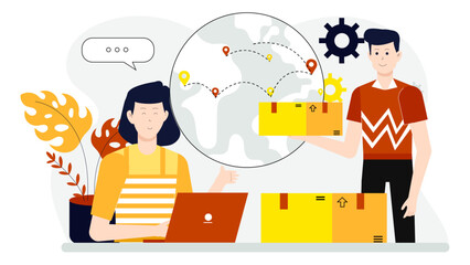 E-commerce owner managing cross-border shipping, flat vector illustration
