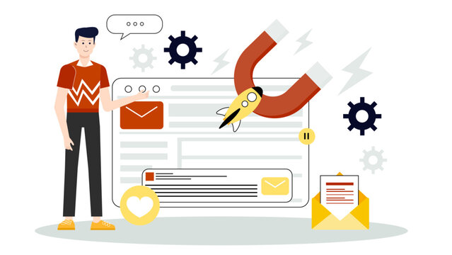 Startup building email list with lead magnet, flat vector illustration