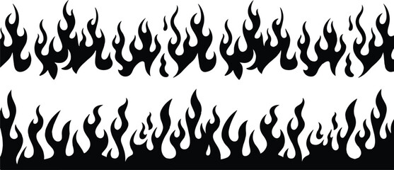 Black and white fire flames vector border repeating pattern design elements.