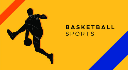 Silhouette of a basketball player in action on a vibrant orange background with red and blue diagonal stripes, representing energy, strength, and the spirit of competitive sports.