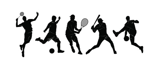 Silhouettes of athletes playing football, badminton, tennis, baseball, and basketball. A dynamic sports concept in black on white background, showing action and diversity in popular ball games.