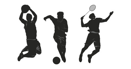 Dynamic silhouettes of athletes performing basketball, soccer, and badminton moves in mid-air, showcasing speed, skill, and energy in sports.