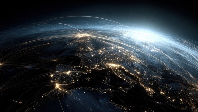 Europe at Night with Global Communication Network Lines Data Transfer and Connectivity Concept