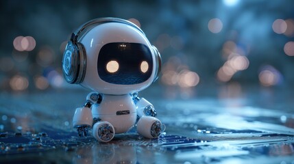 Fototapeta premium Cute Robot Sitting on Circuit Board Wearing Headphones in Soft Blue Lighting