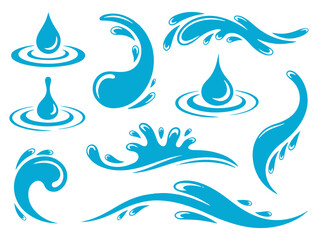 Collection of blue water splash and drop icons on white background design elements
