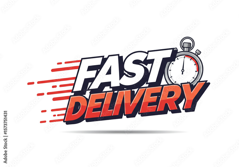 Fototapete fast delivery text with motion lines and a timer indicating speed on a white background design graph