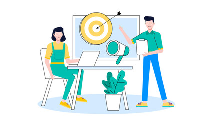 Marketing team discussing lead generation strategy, flat vector illustration