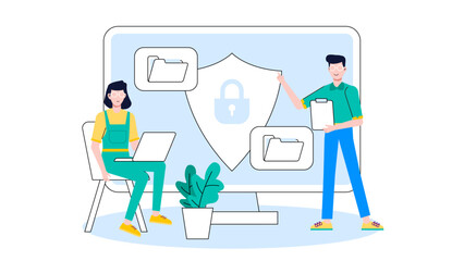 Employees taking online cybersecurity training, flat vector illustration