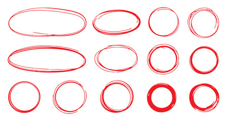 Collection of hand drawn red highlighter circles and oval shapes on white background