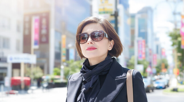 セレブのイメージの都会の街中でサングラスをかけた中年のアジア人女性