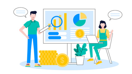 Finance team analyzing cash flow trends, flat vector illustration