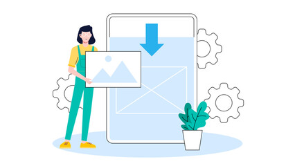 Freelancer delivering final draft via portal, flat vector illustration