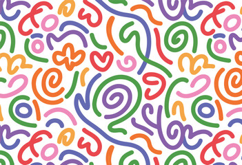 Colorful abstract scribble pattern repeating on white background creative design
