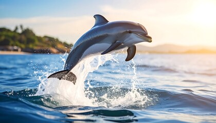 A playful dolphin leaps from the ocean's surface, bathed in warm sunlight