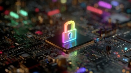 Cybersecurity Concept Glowing Padlock on a Computer Processor Illustrating Data Protection and Digital Security