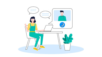 HR conducting exit interviews online, flat vector illustration