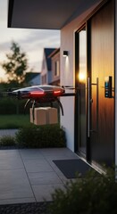 A futuristic delivery drone hovers near a smart home door, carrying a package