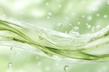 Abstract flowing green liquid with transparent bubbles and gentle waves creating a serene and refreshing background