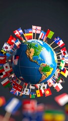 A globe surrounded by many national flags, suggesting global interconnectedness
