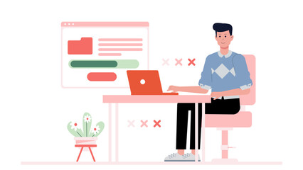 Freelancer delivering final draft via portal, flat vector illustration