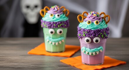 Spooky halloween monster milkshakes with pretzel eyeballs and colorful frosting on orange napkins