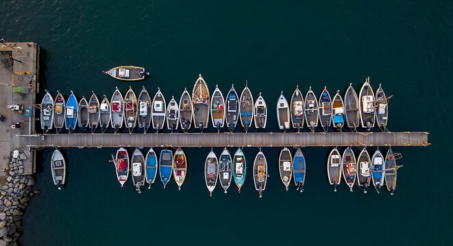 Fishing Boats Docked at Pier Aerial View Teal Waterscape