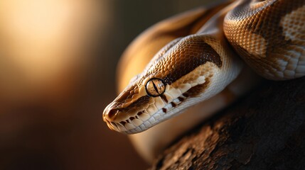 Fototapeta premium golden python wrapped around tree branch in golden hour light, exotic reptile beauty