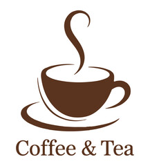 Simple and elegant illustration of a coffee cup with steam and coffee and tea text