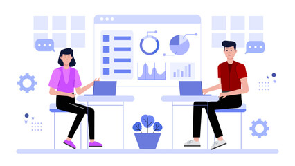 Project team hosting sprint retrospective discussion flat vector illustration