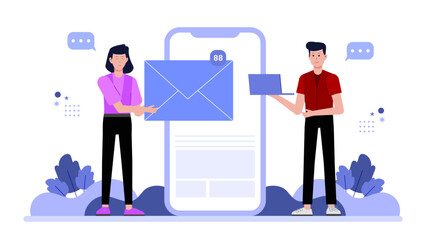 Sales representative sending personalized outreach emails flat vector illustration