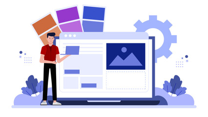 Branding team updating color palette guide flat vector illustration