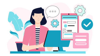 Entrepreneur setting up business account online flat vector illustration