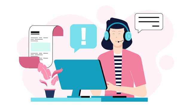 Support team resolving customer billing issues flat vector illustration
