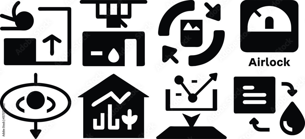 Poster vector art of a collection of diverse icons representing various business and technology concepts is