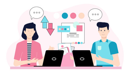 Branding team updating color palette guide flat vector illustration