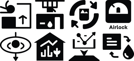 Vector art of a collection of diverse icons representing various business and technology concepts isolated on transparent background.