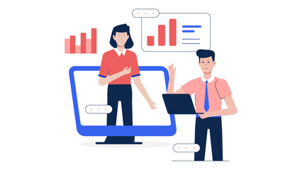 Startup pitching business plan during online demo day flat vector illustration