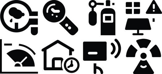 Vector art of collection of icons representing weather, inspection, safety, and technology isolated on transparent background.