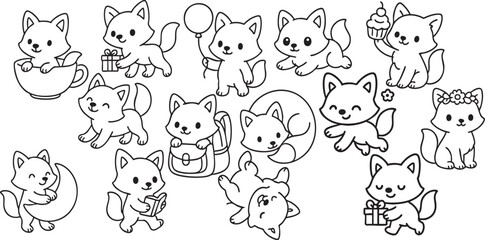 Cute Fox in Playful Activities Black and White Line Art for Children’s Coloring Book | Generative AI