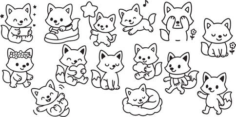 Cute Fox in Playful Activities Black and White Line Art for Children’s Coloring Book | Generative AI