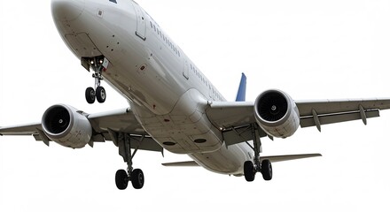 Fototapeta premium 鮮やかな白バック、滑らかに着陸する旅客機。力強く美しい機体。. AI Generated