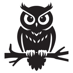 Black Owl Silhouette Perched on Branch – Vector Animal Icon for Nature and Wildlife Designs.
