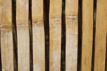  Textured full frame close up of light brown, dried bamboo stalks arranged vertically, forming a...