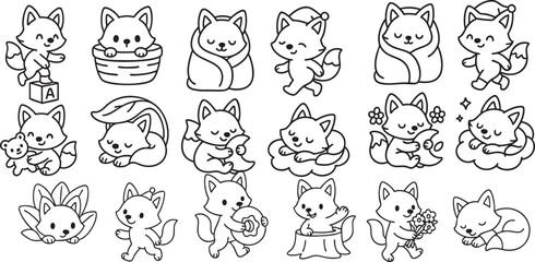 Cute Fox in Playful Activities Black and White Line Art for Children’s Coloring Book | Generative AI