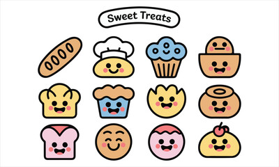 Cute kawaii sweet treats bakery cartoon icons