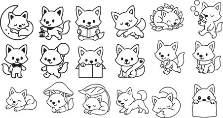 Cute Fox in Playful Activities Black and White Line Art for Children’s Coloring Book | Generative AI