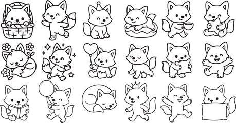 Cute Fox in Playful Activities Black and White Line Art for Children’s Coloring Book | Generative AI
