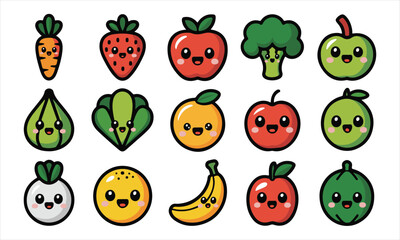 A vibrant vector illustration of a funny cartoon animal and fruit set with smiling characters and cute food icons