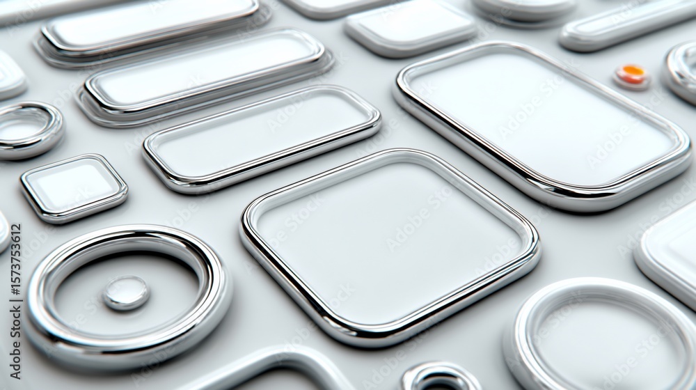 Fototapete an array of glossy, chrome-rimmed, rounded shapes is arranged on a white background